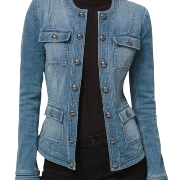 White House Black Market Women's Soft Denim Military Jean Jacket $160 Sz 4 - Picture 2 of 16